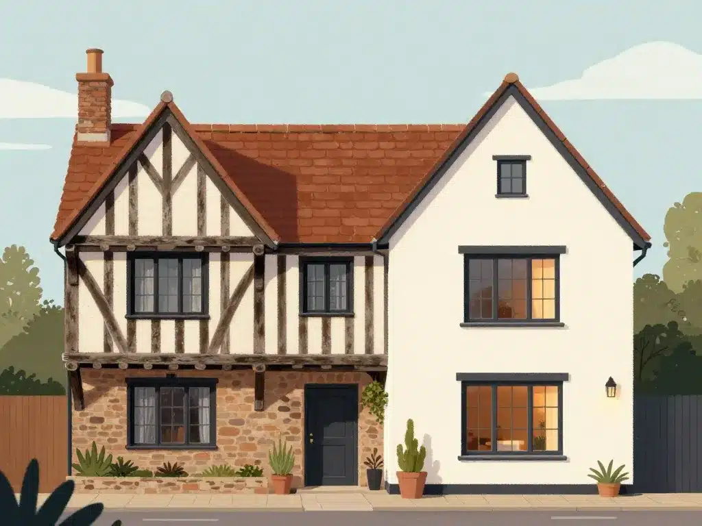 fusion style architectural tudor et maison contemporaine illustration modernisée