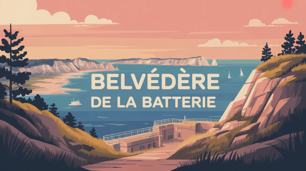 Vue panoramique stylisée du belvedere de la batterie avec reliefs et vestiges militaires
