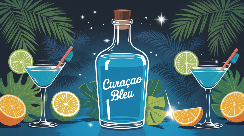 curaçao bleu bouteille stylisée fond tropical cocktail