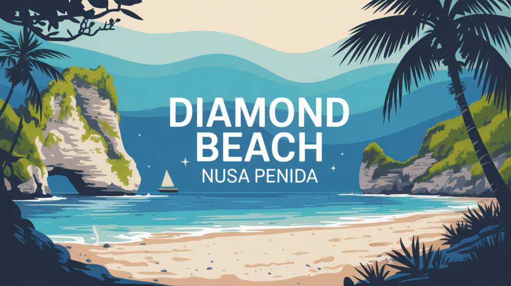 Illustration stylisée de Diamond Beach Nusa Penida à Bali avec sable blanc, falaises et palmiers