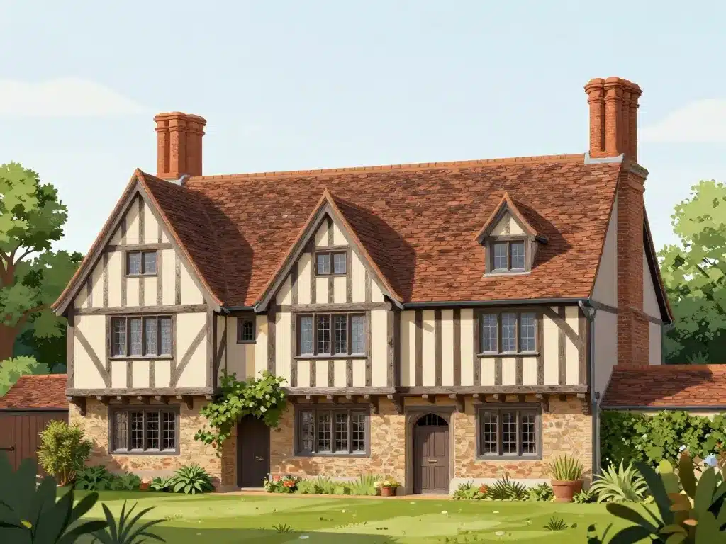 éléments architecturaux style architectural tudor avec colombages, toits pentus et fenêtres