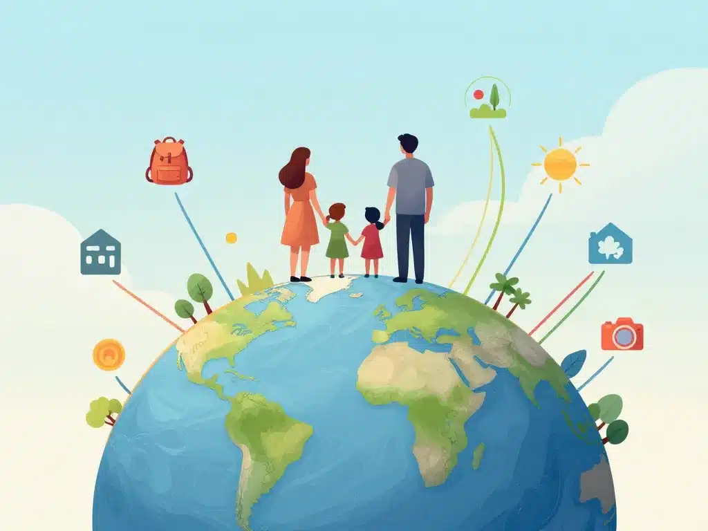 Famille tour du monde réunie sur un globe chemin aventure