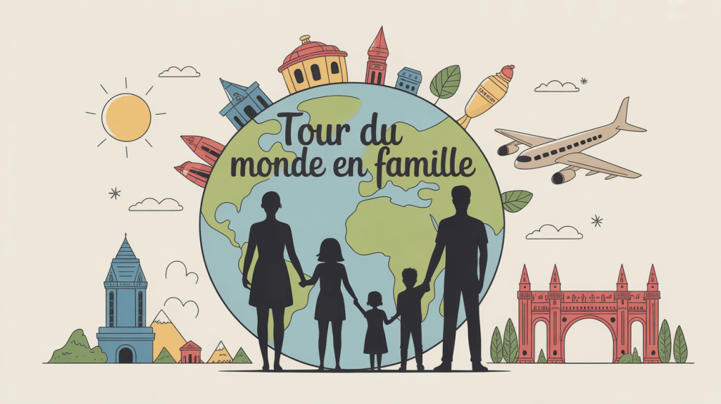 Famille tour du monde devant un globe illustré