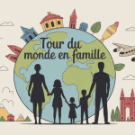 Famille tour du monde devant un globe illustré