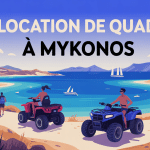 Illustration location quad mykonos avec île, plages et voyageurs