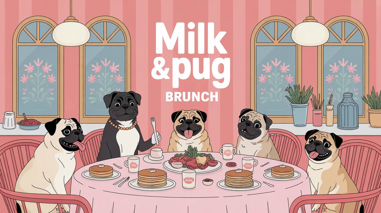 illustration milk & pug brunch avec carlins autour d'une table
