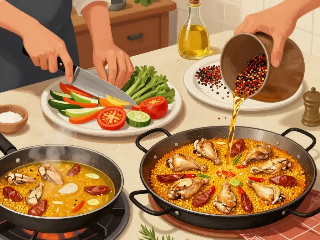 recette paella au poulet et chorizo préparation étape par étape