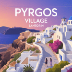 Santorini pyrgos village maisons blanches églises bleues panorama