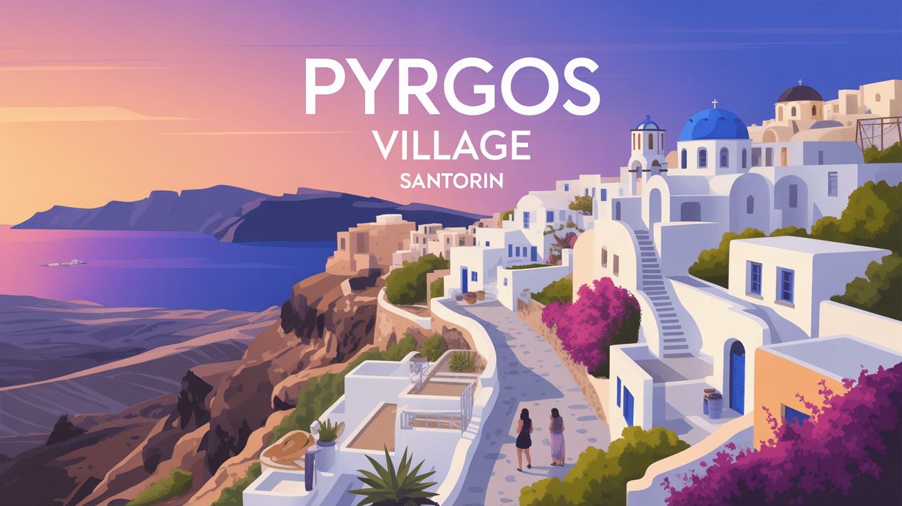 Santorini pyrgos village maisons blanches églises bleues panorama