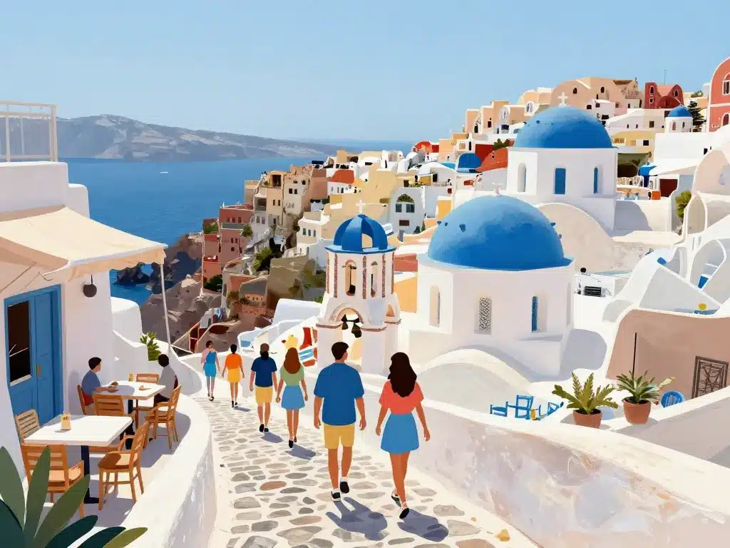 Santorini pyrgos village panorama églises promenades