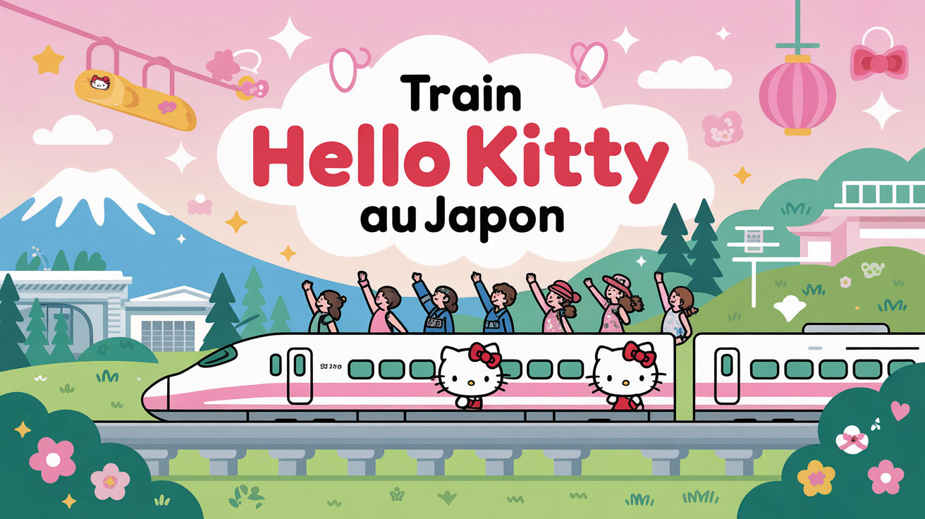 illustration colorée train hello kitty japon
