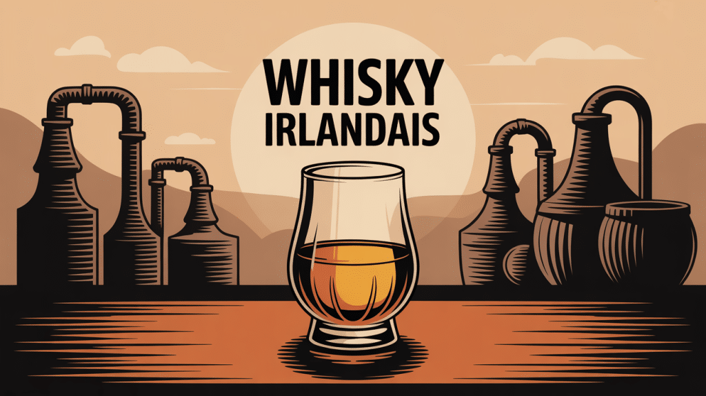 illustration whisky irlandais verre et distilleries