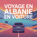 illustration stylisée aller en Albanie en voiture paysages européens