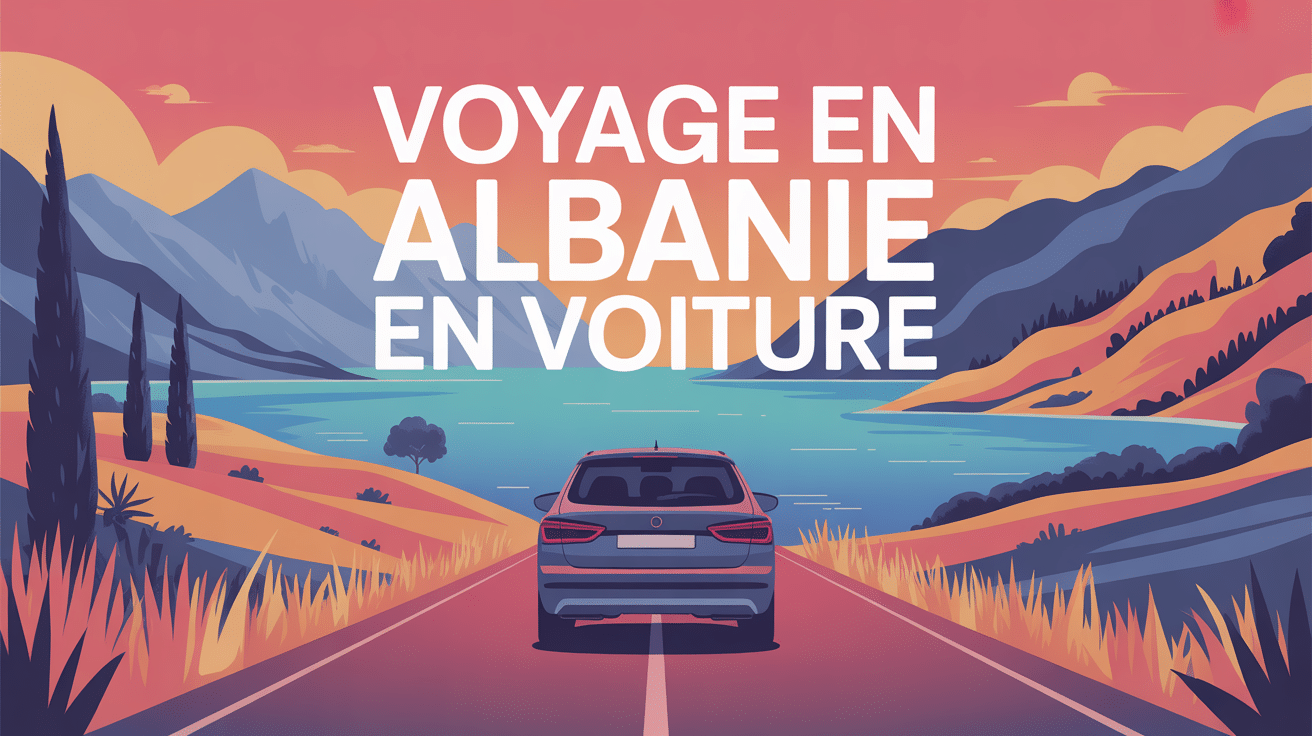 illustration stylisée aller en Albanie en voiture paysages européens
