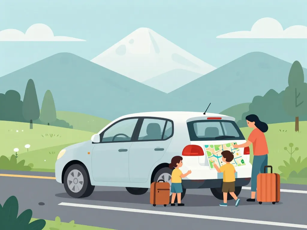 famille prépare aller en Albanie en voiture avec cartes et valises