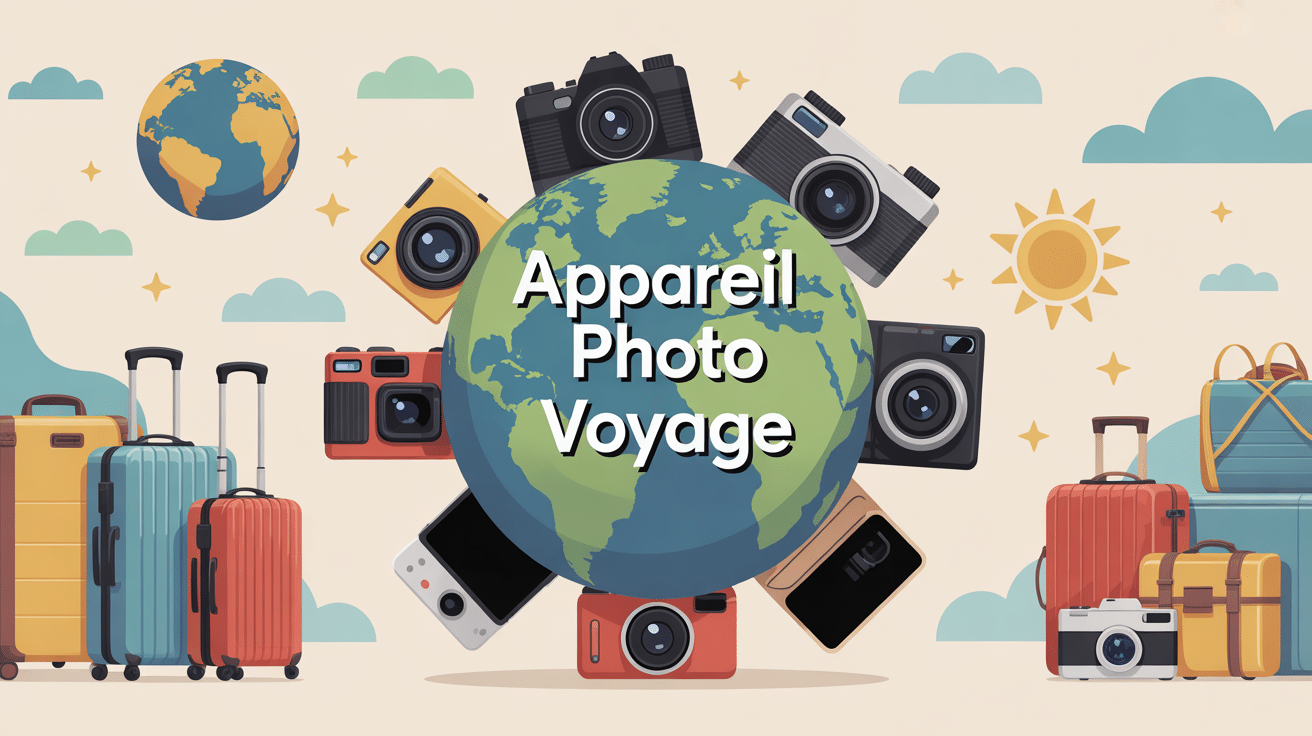 illustration appareil photo voyage globe et différents modèles