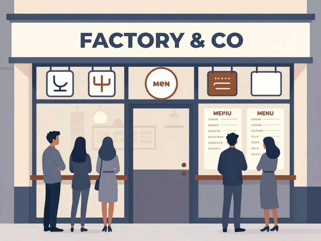 communication factory and co halal restaurant illustration