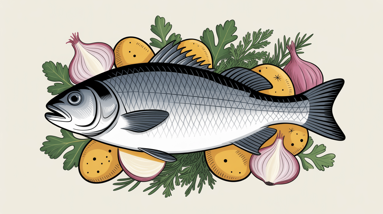 Hareng matjes mis en valeur avec pommes de terre et oignons