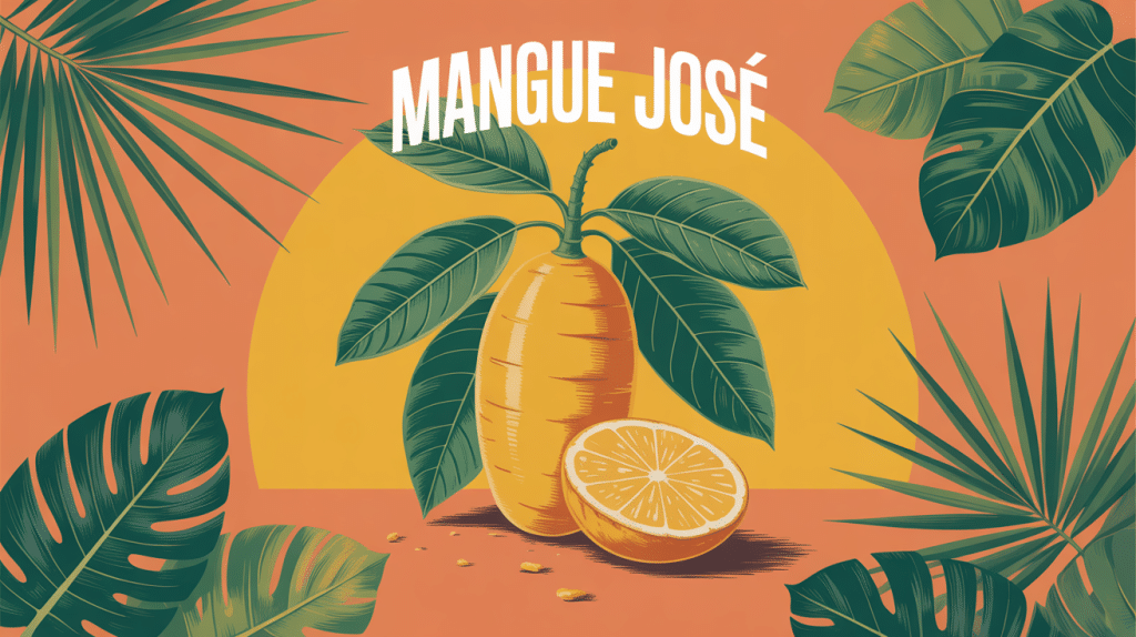 Mangues José entières et découpées sur fond de feuilles tropicales