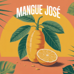 Mangues José entières et découpées sur fond de feuilles tropicales