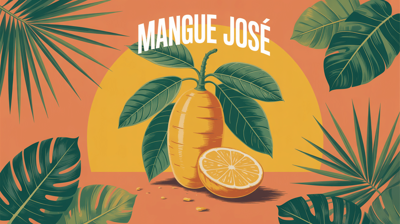 Mangues José entières et découpées sur fond de feuilles tropicales