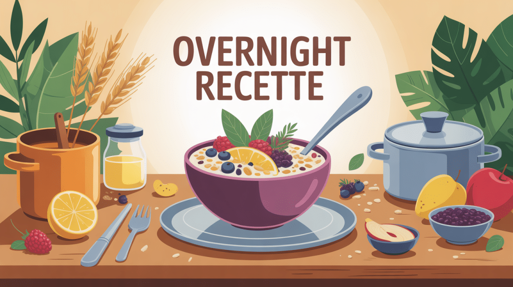 Bol overnight recette garni de fruits et flocons sur table du matin