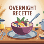Bol overnight recette garni de fruits et flocons sur table du matin