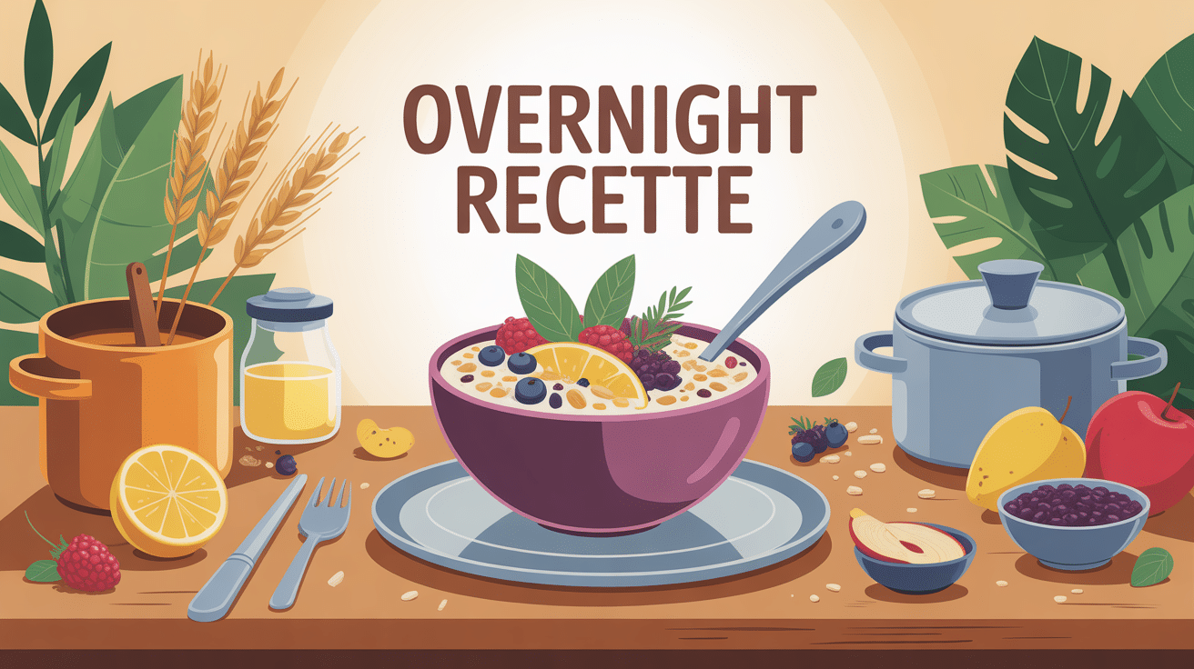 Bol overnight recette garni de fruits et flocons sur table du matin