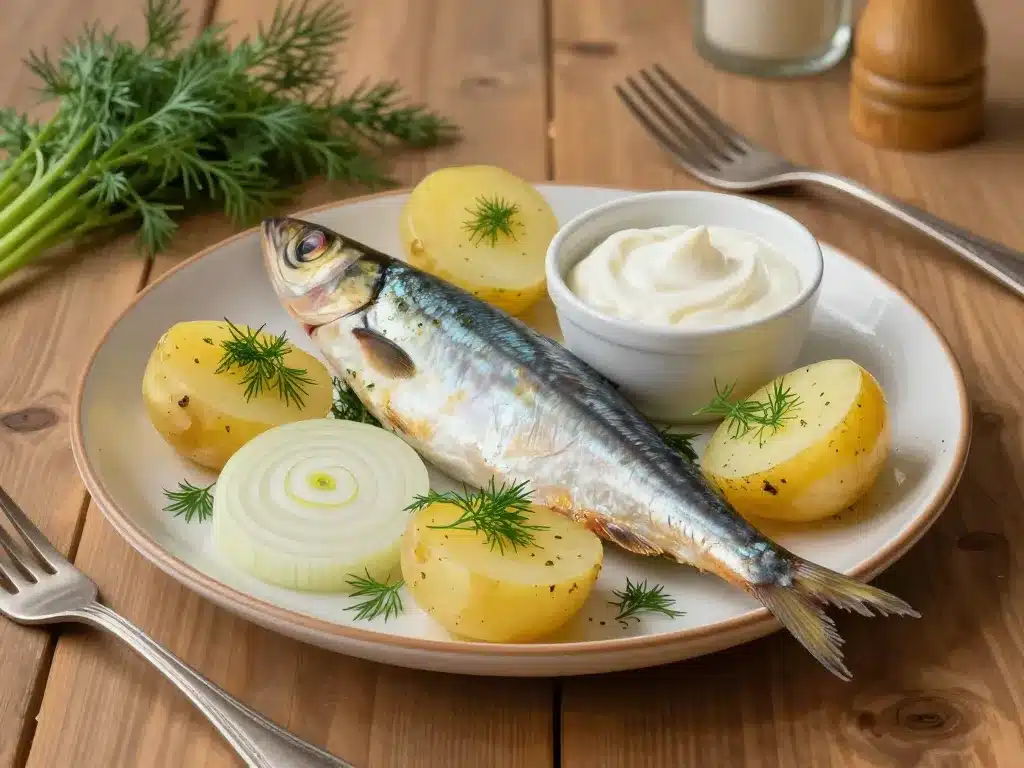 Hareng matjes préparé avec pommes de terre et sauce en cuisine