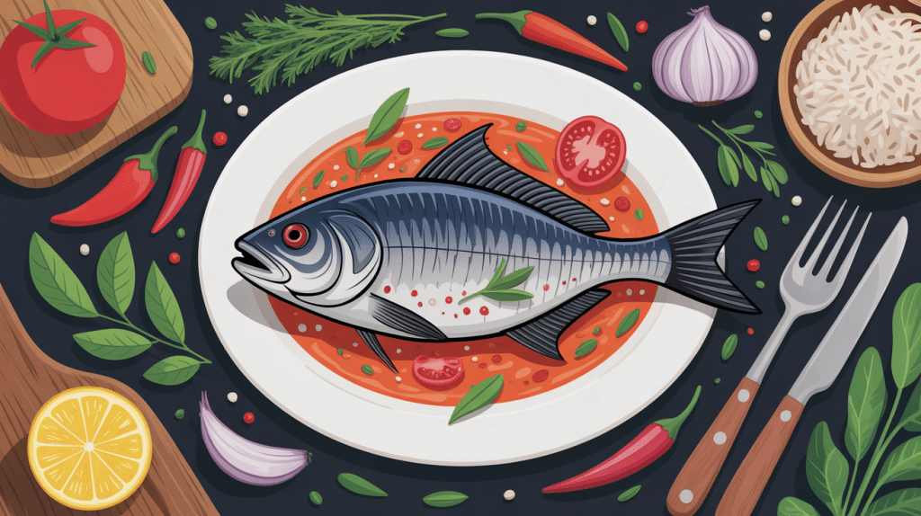 illustration recette du stockfish plat en sauce avec ingrédients