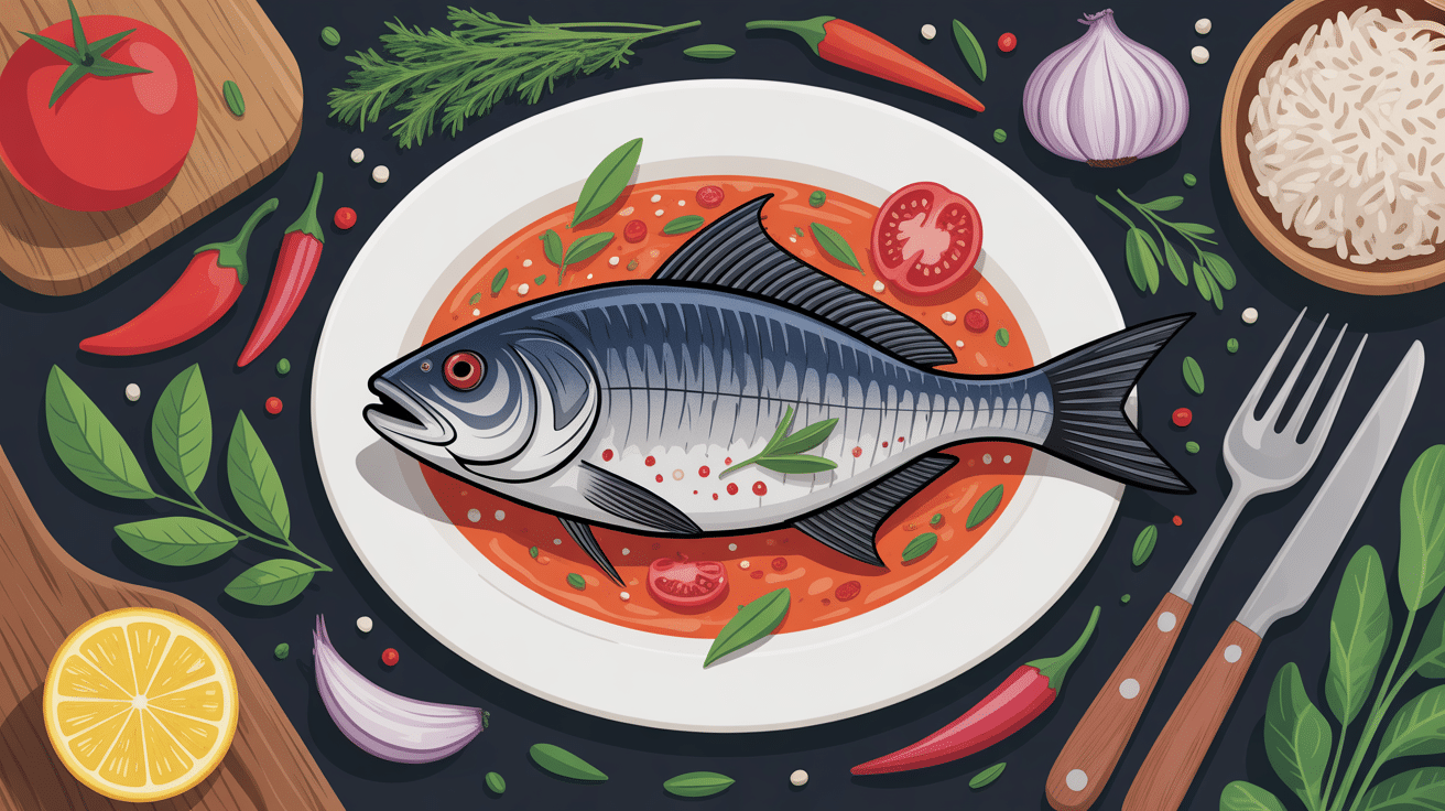 illustration recette du stockfish plat en sauce avec ingrédients