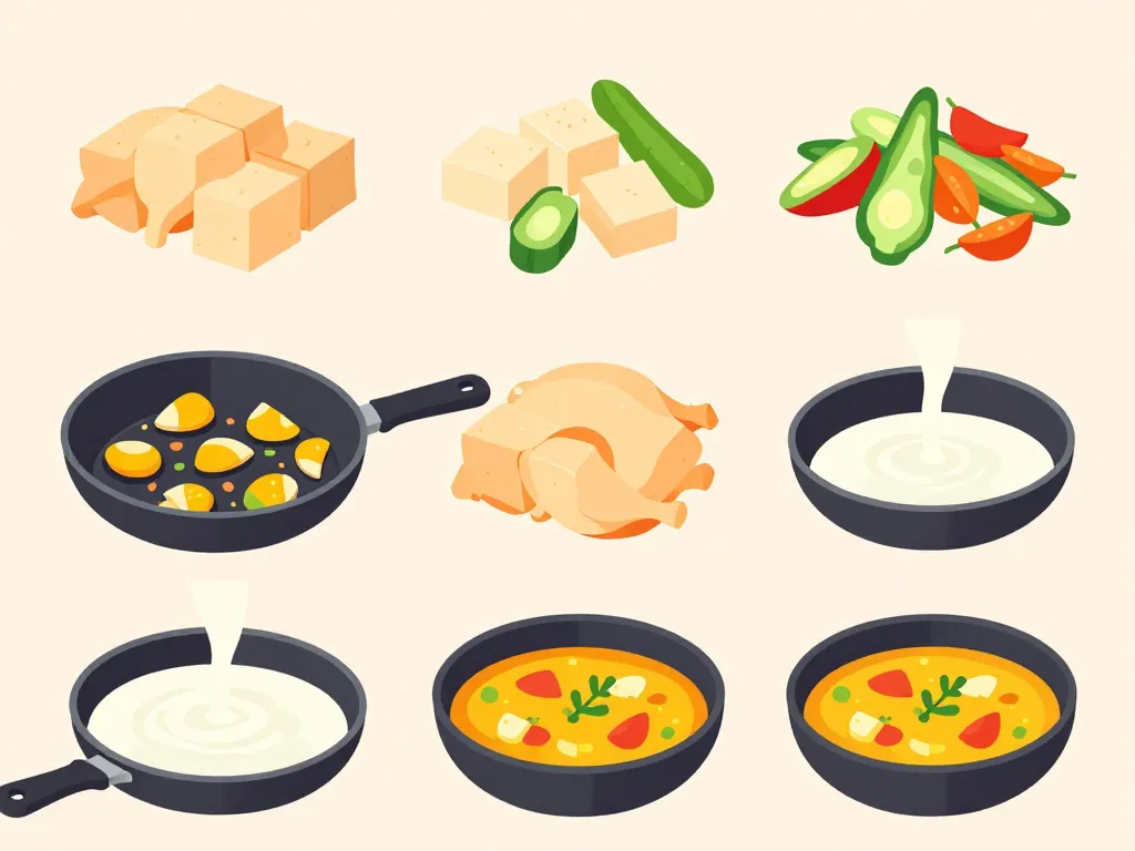 étapes visuelles de la recette de poulet au curry et lait de coco