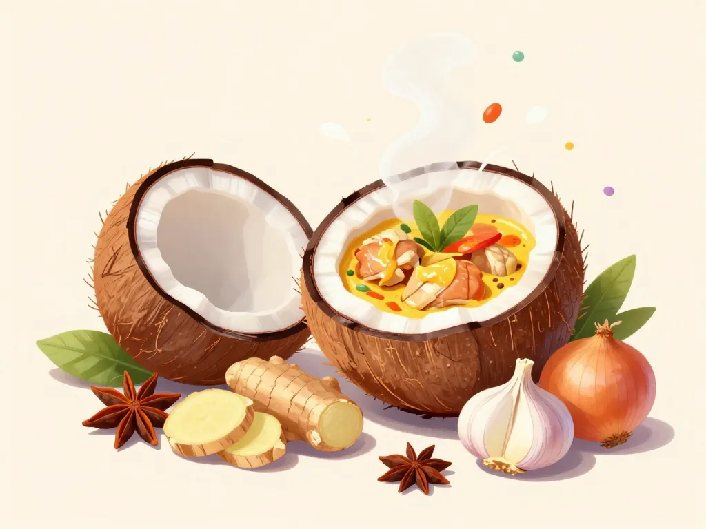 ingrédients de recette de poulet au curry et lait de coco présentés