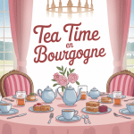 Table tea time Burgundy élégante avec pâtisseries et thé