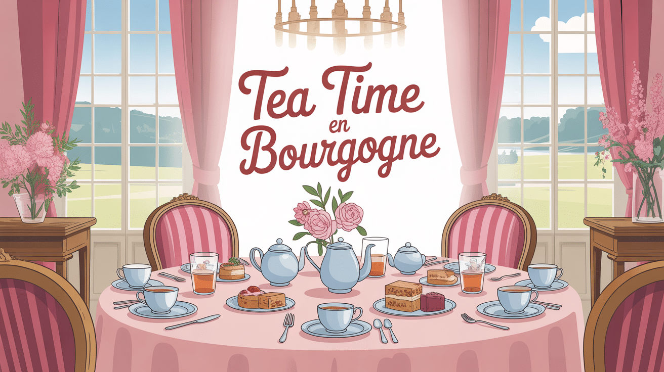 Table tea time Burgundy élégante avec pâtisseries et thé