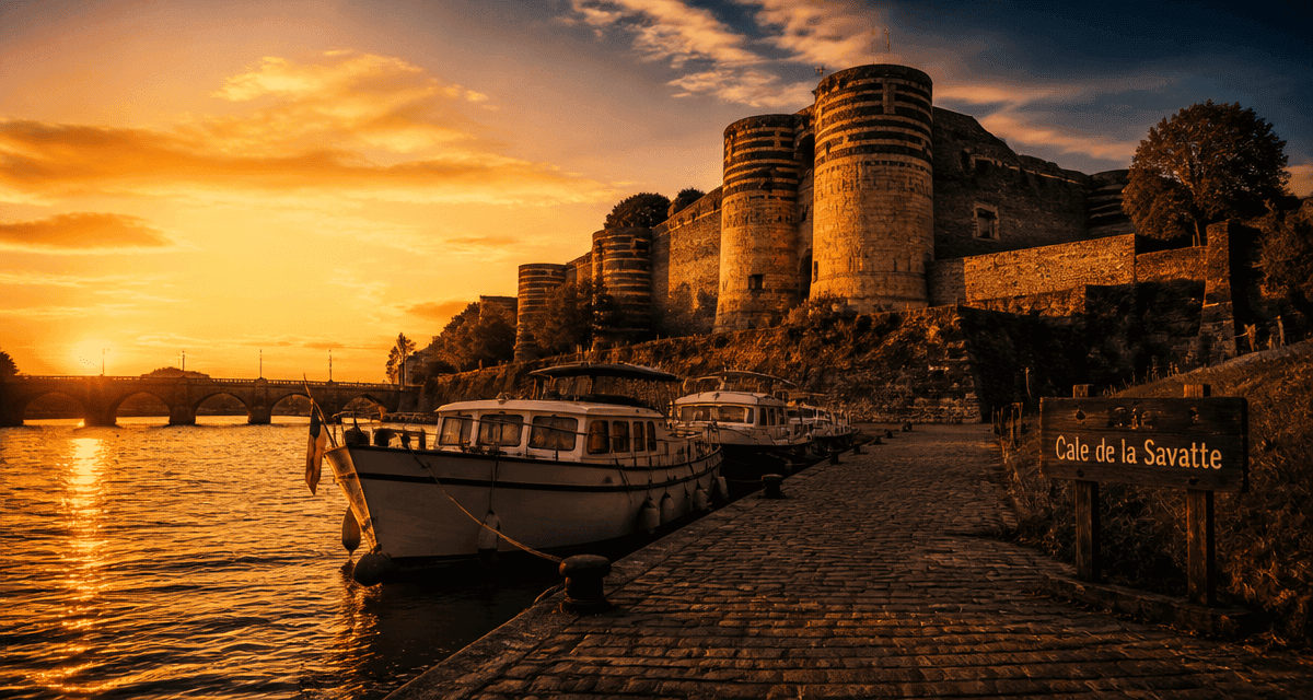 Cale de la Savatte à Angers avec bateaux et château