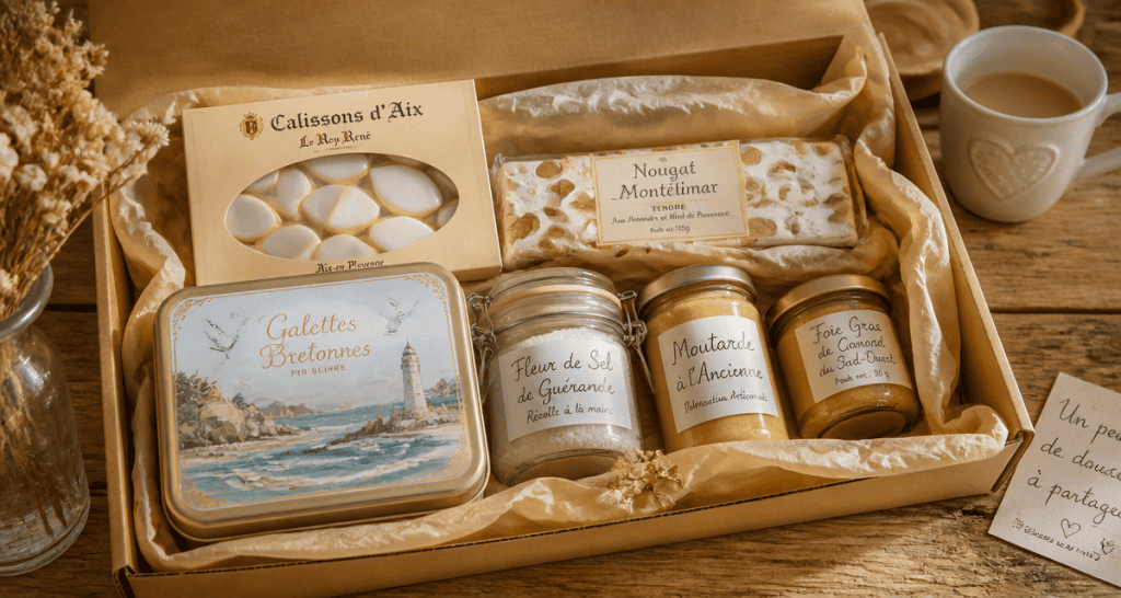 Coffret spécialités françaises à offrir sur table en bois