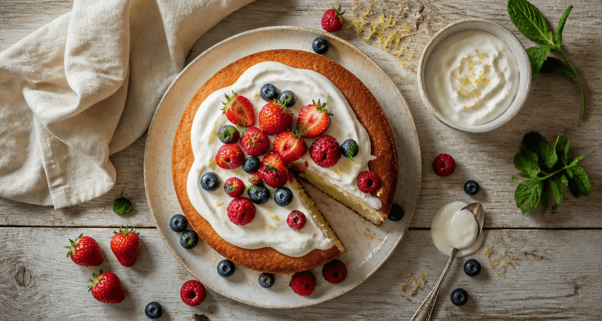 dessert crème fraîche rapide avec gâteau moelleux et fruits rouges