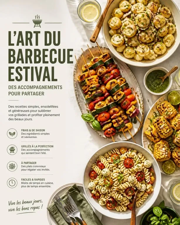 Table de barbecue avec divers accompagnements : salades, légumes grillés et pommes de terre pour un repas complet.