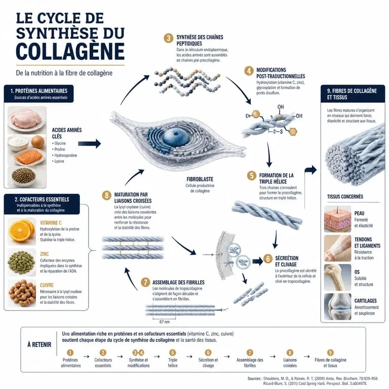 Infographie explicative sur la synthèse du collagène et le rôle des nutriments essentiels