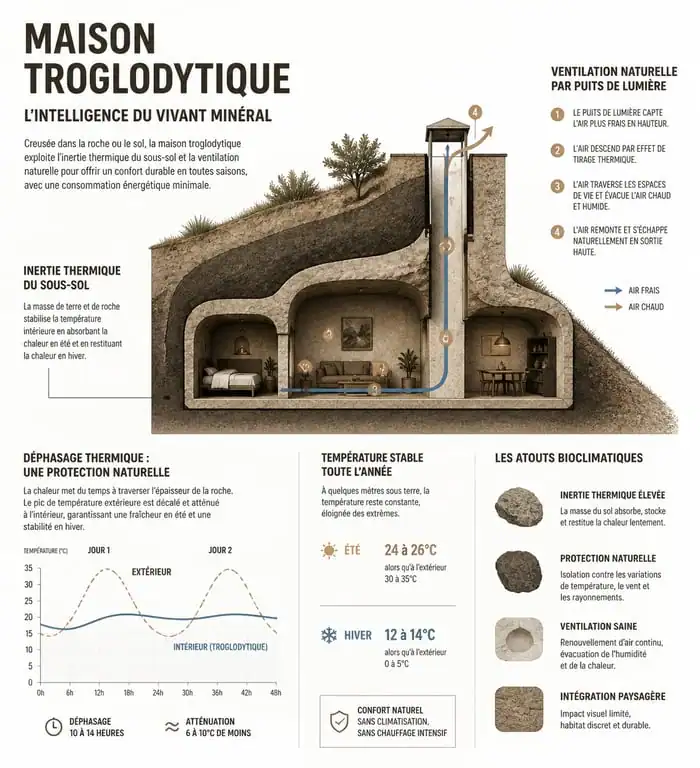 Schéma explicatif du fonctionnement bioclimatique d'un habitat troglodytique