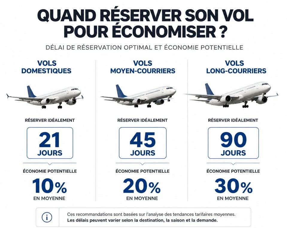 Infographie des astuces pour payer moins cher son billet d'avion : délais de réservation et économies par type de vol