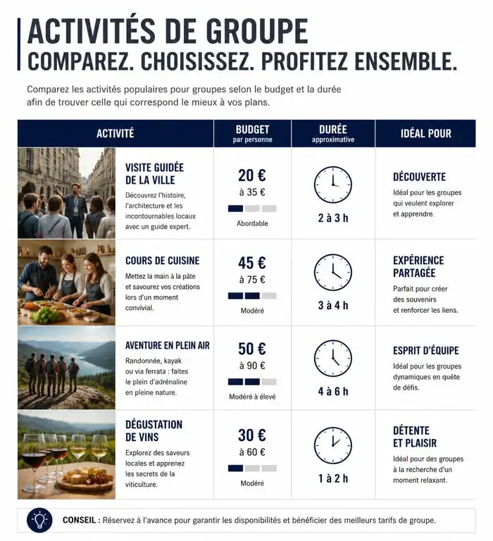 Tableau comparatif des idées de sortie entre amis originale par budget et durée