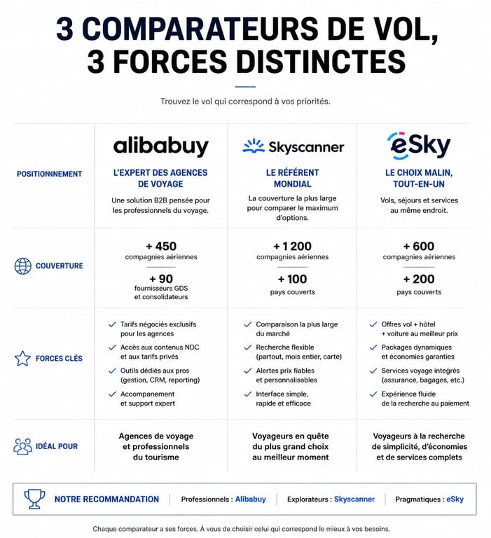 Infographie comparative des comparateurs de vol Alibabuy, Skyscanner et eSky pour trouver le meilleur prix