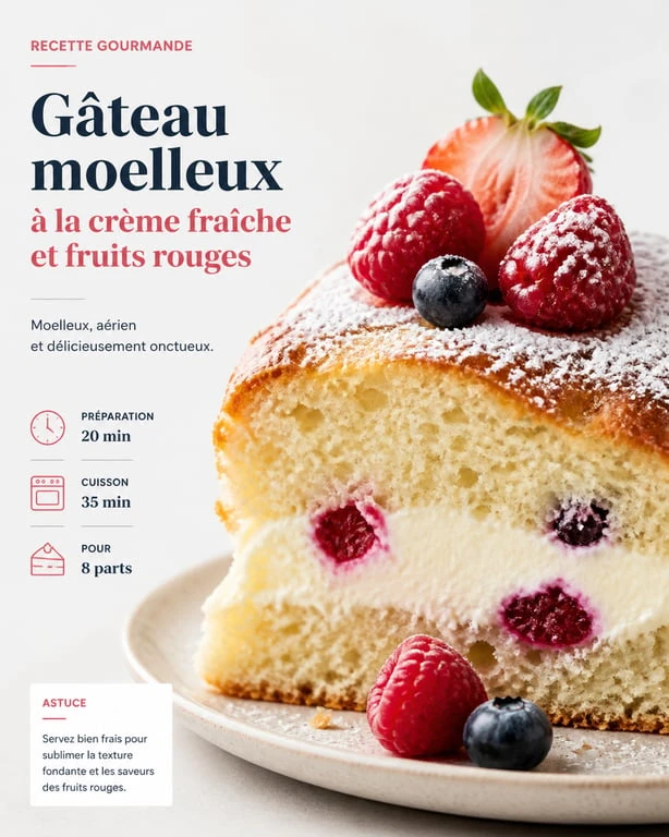 Gâteau moelleux à la crème fraîche et fruits rouges pour dessert rapide