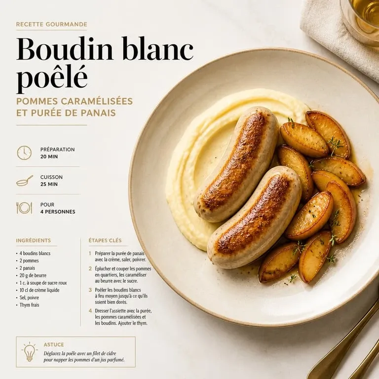 Boudin blanc poêlé avec pommes caramélisées et purée de panais, une idée d'accompagnement pour boudin blanc.