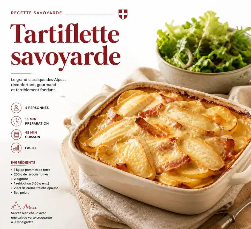 Tartiflette savoyarde traditionnelle et son accompagnement de salade verte fraîche