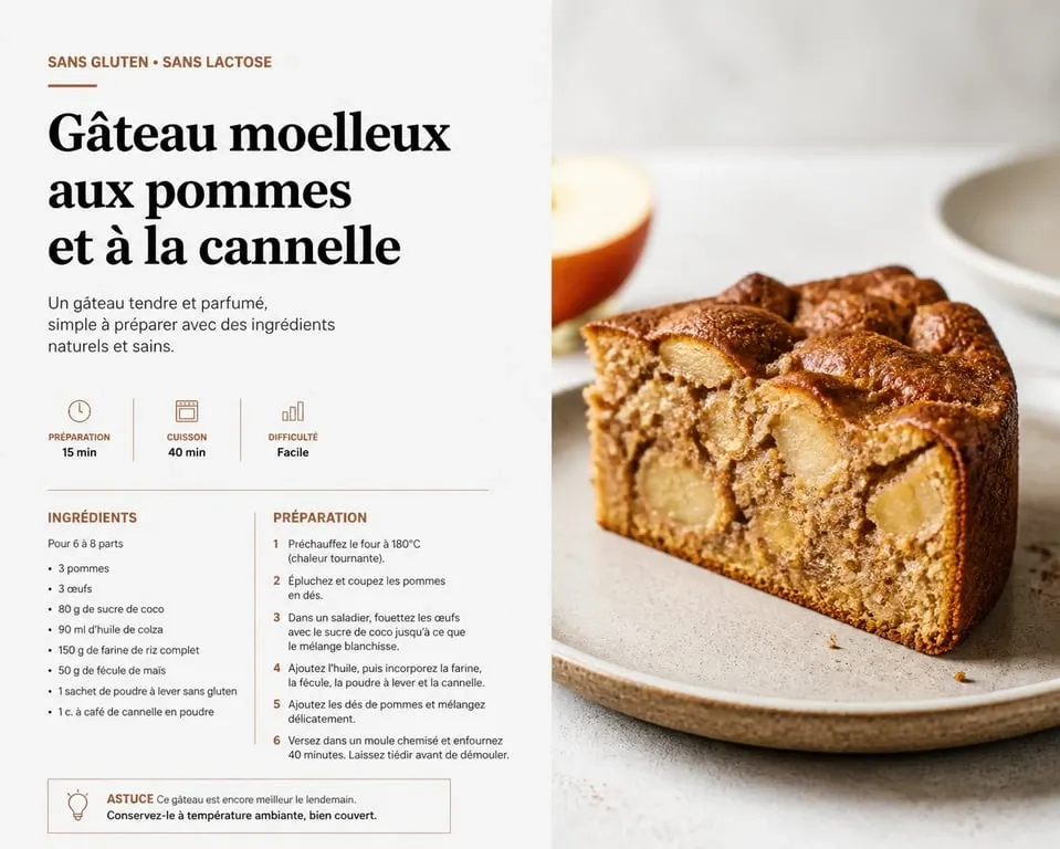 Gâteau moelleux sans gluten sans lactose aux pommes et à la cannelle, une recette saine et gourmande.