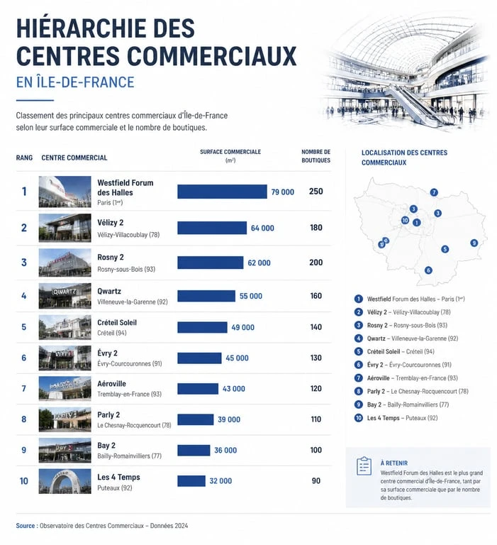Infographie de la hiérarchie des centres commerciaux en région parisienne