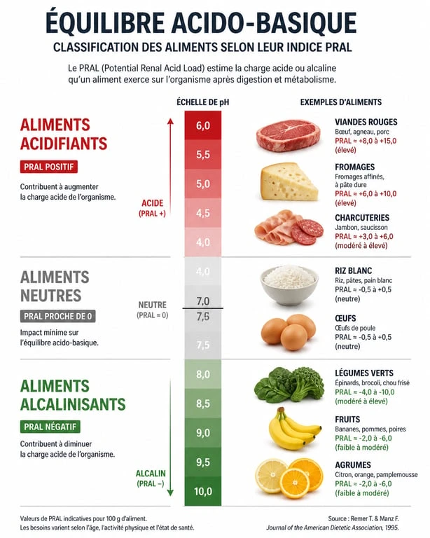 Infographie sur l'indice PRAL et les aliments acidifiants vs alcalinisants pour gérer l'acide lactique